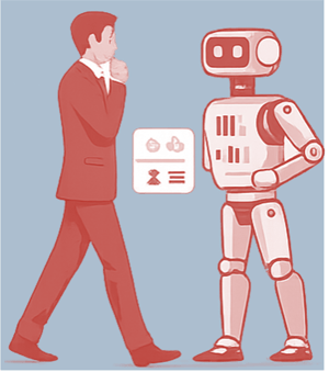 Illustration eines Sales-Mitarbeiters im Austausch mit einem AI-Agenten, der auf einem Decision Ready Data Layer basierende Handlungsempfehlungen erhält.